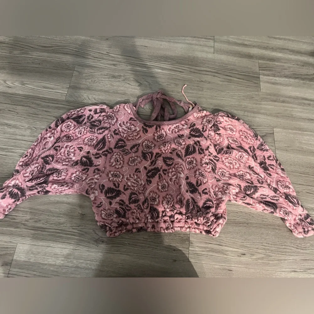 Free People No Ordinary Floral Jacquard Knit Puff Sleeves Top Pink
